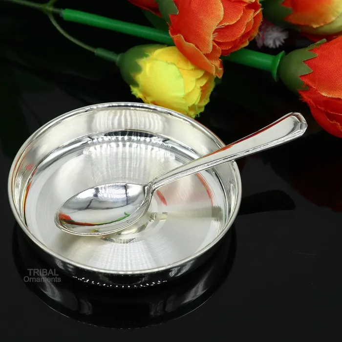 TRIBAL ORNAMENTS Necklaces 999 fine solid silver handmade platetray and spoon set for baby food serving milk bowl silver utensils home and kitchen accessories sv251 TRIBAL ORNAMENTS Necklaces 999 fine solid silver handmade platetray and spoon set for baby food serving milk bowl silver utensils home and kitchen accessories sv251
