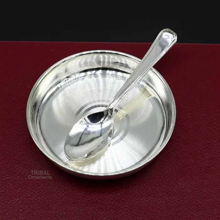 TRIBAL ORNAMENTS Necklaces 999 fine solid silver handmade platetray and spoon set for baby food serving milk bowl silver utensils home and kitchen accessories sv251