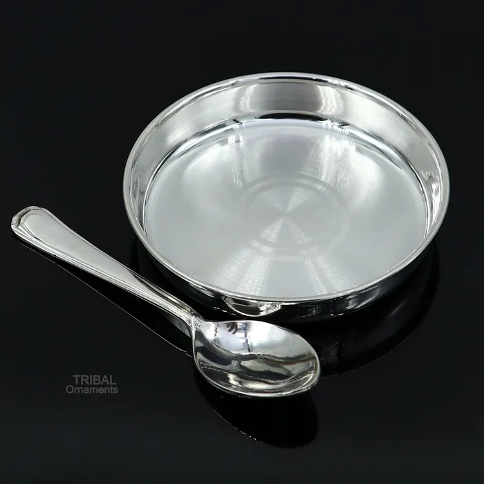 TRIBAL ORNAMENTS Necklaces 999 fine solid silver handmade platetray and spoon set for baby food serving milk bowl silver utensils home and kitchen accessories sv251