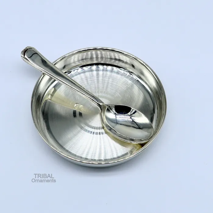 TRIBAL ORNAMENTS Necklaces 999 fine solid silver handmade platetray and spoon set for baby food serving milk bowl silver utensils home and kitchen accessories sv251