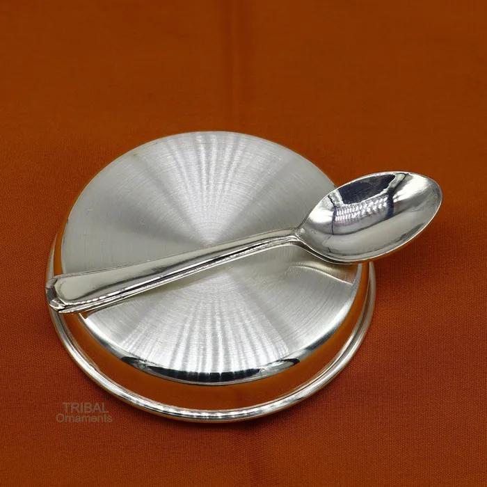 TRIBAL ORNAMENTS Necklaces 999 fine solid silver handmade platetray and spoon set for baby food serving milk bowl silver utensils home and kitchen accessories sv251