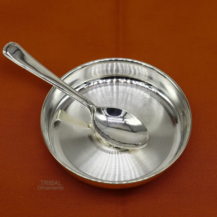 TRIBAL ORNAMENTS Necklaces 999 fine solid silver handmade platetray and spoon set for baby food serving milk bowl silver utensils home and kitchen accessories sv251