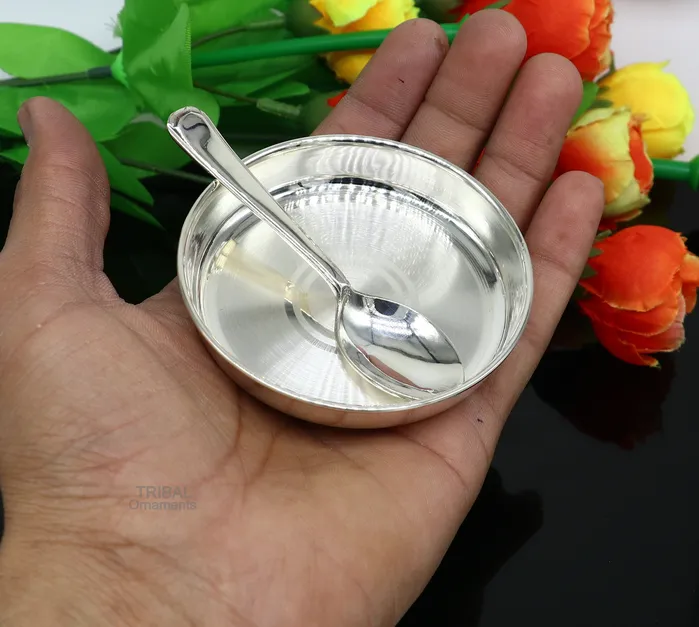 TRIBAL ORNAMENTS Necklaces 999 fine solid silver handmade platetray and spoon set for baby food serving milk bowl silver utensils home and kitchen accessories sv251
