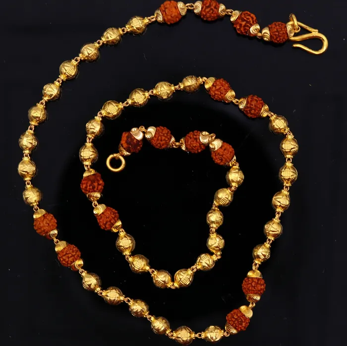 TRIBAL ORNAMENTS Necklaces Vintage 22k yellow gold handmade engraved gold beads with natural rudraksha chain gorgeous unisex chain necklace jewelry TRIBAL ORNAMENTS Necklaces Vintage 22k yellow gold handmade engraved gold beads with natural rudraksha chain gorgeous unisex chain necklace jewelry