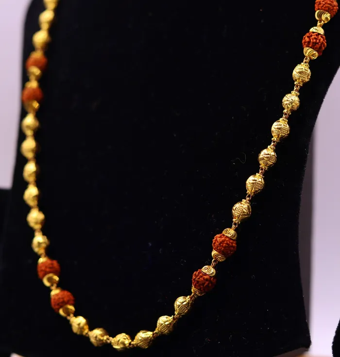 TRIBAL ORNAMENTS Necklaces Vintage 22k yellow gold handmade engraved gold beads with natural rudraksha chain gorgeous unisex chain necklace jewelry TRIBAL ORNAMENTS Necklaces Vintage 22k yellow gold handmade engraved gold beads with natural rudraksha chain gorgeous unisex chain necklace jewelry
