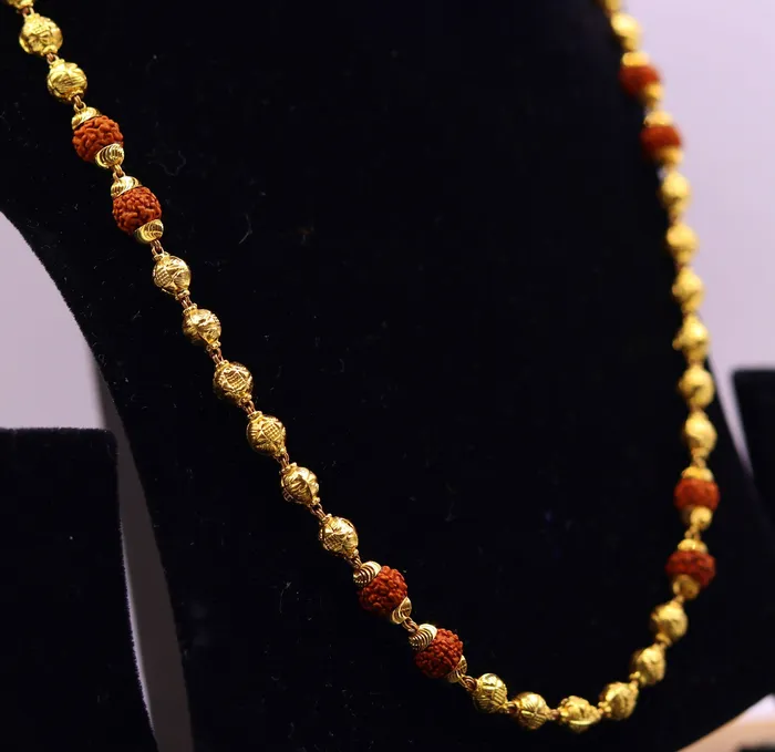 TRIBAL ORNAMENTS Necklaces Vintage 22k yellow gold handmade engraved gold beads with natural rudraksha chain gorgeous unisex chain necklace jewelry TRIBAL ORNAMENTS Necklaces Vintage 22k yellow gold handmade engraved gold beads with natural rudraksha chain gorgeous unisex chain necklace jewelry
