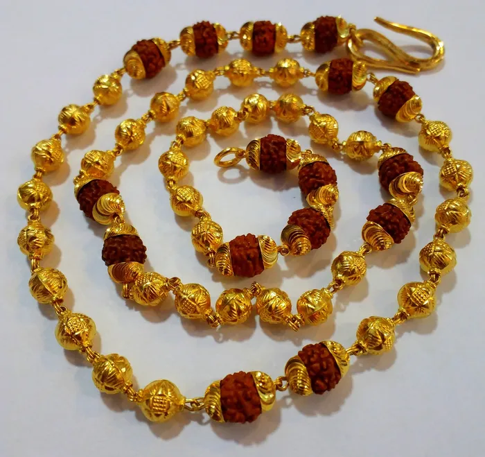 TRIBAL ORNAMENTS Necklaces Vintage 22k yellow gold handmade engraved gold beads with natural rudraksha chain gorgeous unisex chain necklace jewelry TRIBAL ORNAMENTS Necklaces Vintage 22k yellow gold handmade engraved gold beads with natural rudraksha chain gorgeous unisex chain necklace jewelry