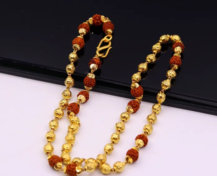 TRIBAL ORNAMENTS Necklaces Vintage 22k yellow gold handmade engraved gold beads with natural rudraksha chain gorgeous unisex chain necklace jewelry TRIBAL ORNAMENTS Necklaces Vintage 22k yellow gold handmade engraved gold beads with natural rudraksha chain gorgeous unisex chain necklace jewelry