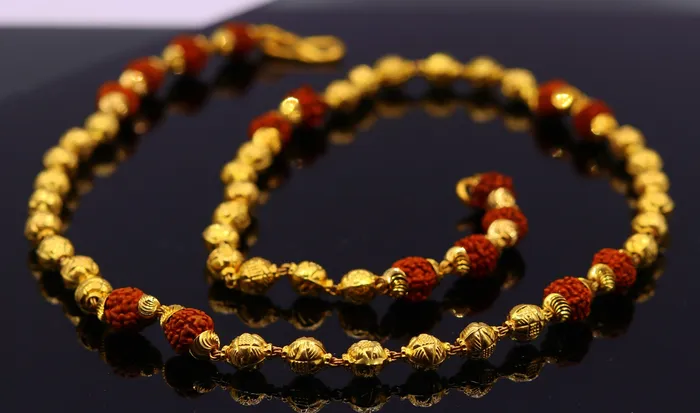 TRIBAL ORNAMENTS Necklaces Vintage 22k yellow gold handmade engraved gold beads with natural rudraksha chain gorgeous unisex chain necklace jewelry TRIBAL ORNAMENTS Necklaces Vintage 22k yellow gold handmade engraved gold beads with natural rudraksha chain gorgeous unisex chain necklace jewelry