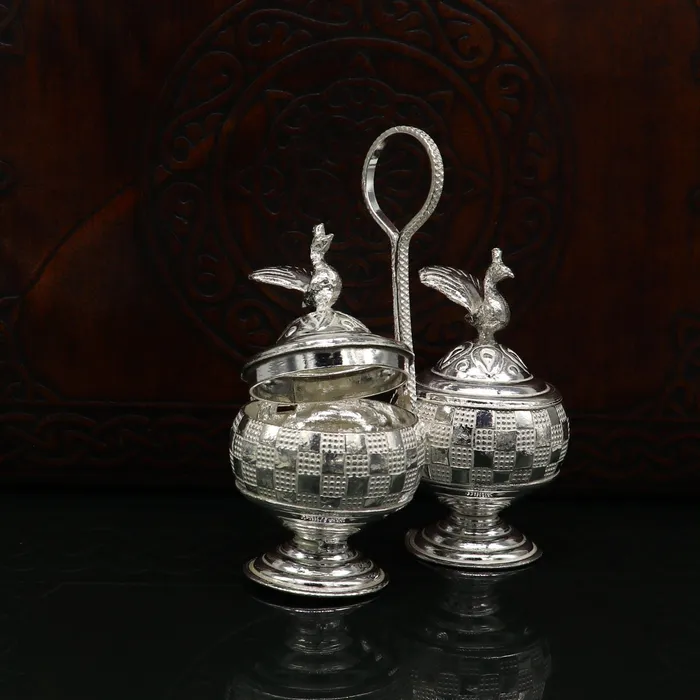 TRIBAL ORNAMENTS Necklaces Vintage 925 sterling silver peacock trinket box excellent kumkum sindur sandal saffron tilak box brides gift or puja utensils su183
