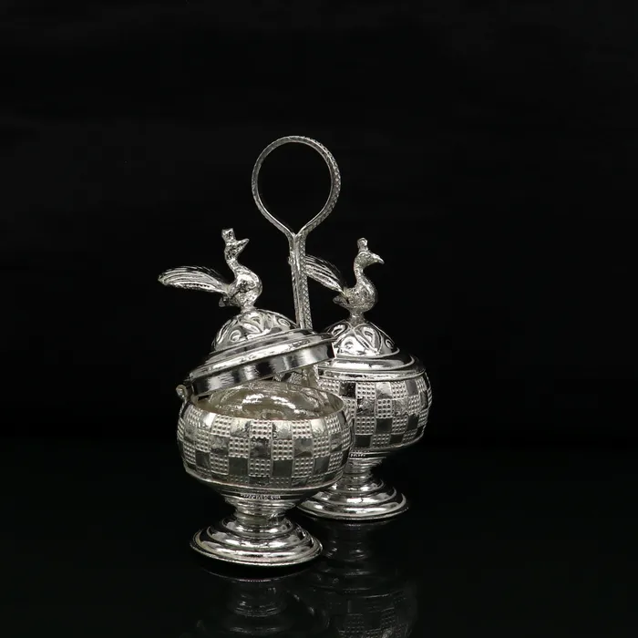 TRIBAL ORNAMENTS Necklaces Vintage 925 sterling silver peacock trinket box excellent kumkum sindur sandal saffron tilak box brides gift or puja utensils su183