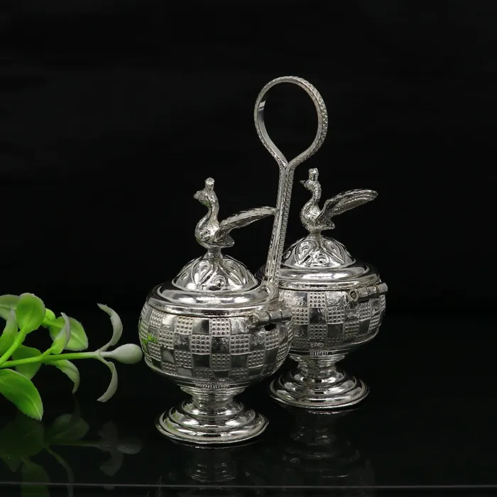 TRIBAL ORNAMENTS Necklaces Vintage 925 sterling silver peacock trinket box excellent kumkum sindur sandal saffron tilak box brides gift or puja utensils su183