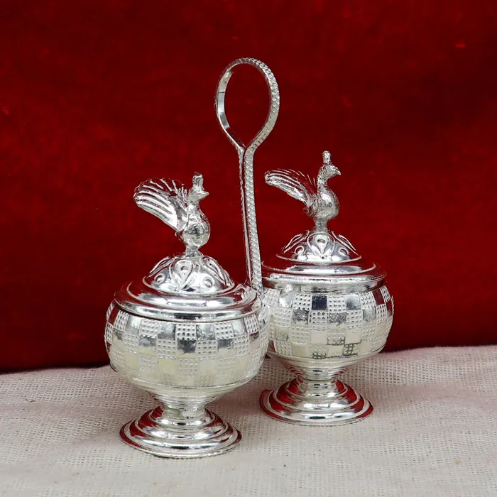TRIBAL ORNAMENTS Necklaces Vintage 925 sterling silver peacock trinket box excellent kumkum sindur sandal saffron tilak box brides gift or puja utensils su183