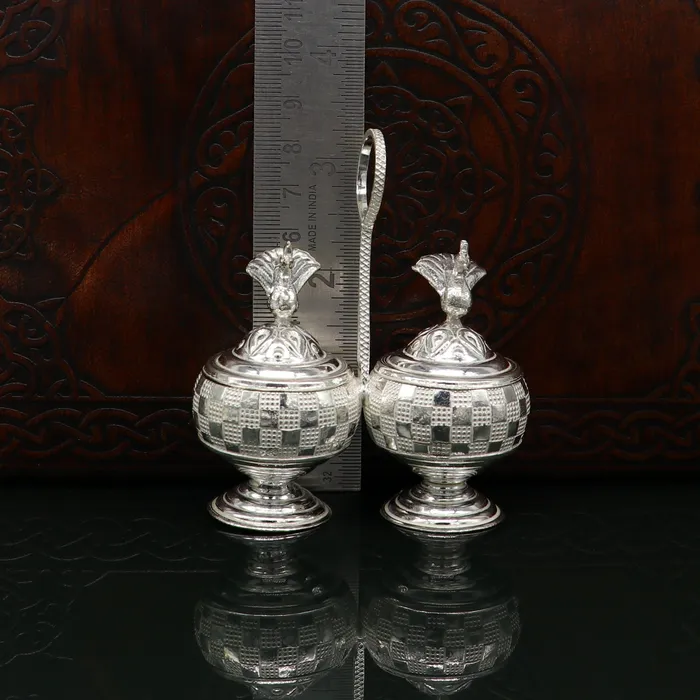 TRIBAL ORNAMENTS Necklaces Vintage 925 sterling silver peacock trinket box excellent kumkum sindur sandal saffron tilak box brides gift or puja utensils su183