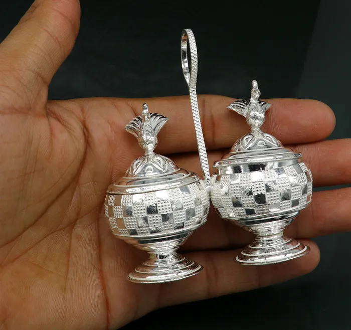 TRIBAL ORNAMENTS Necklaces Vintage 925 sterling silver peacock trinket box excellent kumkum sindur sandal saffron tilak box brides gift or puja utensils su183