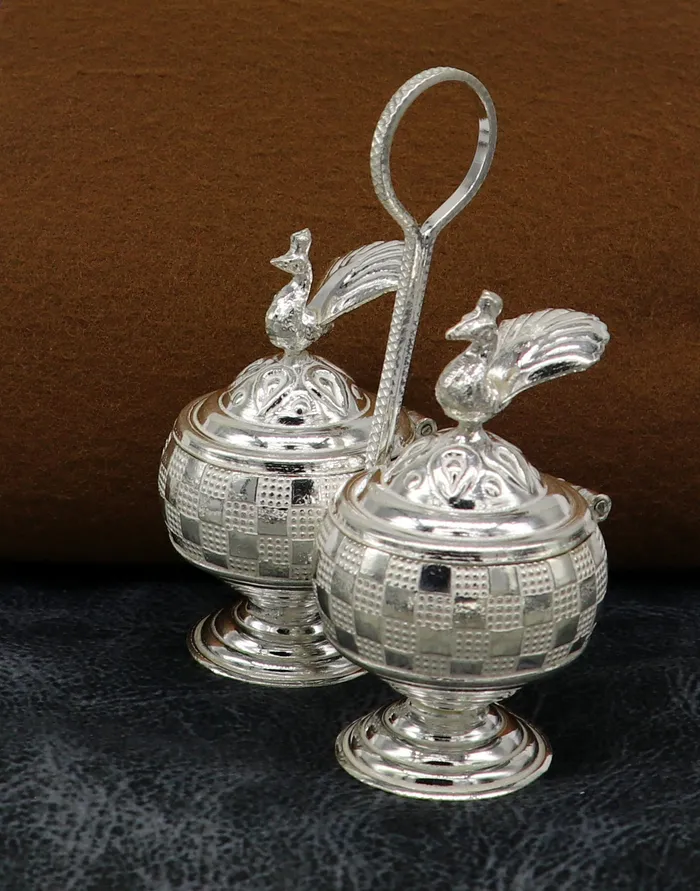 TRIBAL ORNAMENTS Necklaces Vintage 925 sterling silver peacock trinket box excellent kumkum sindur sandal saffron tilak box brides gift or puja utensils su183