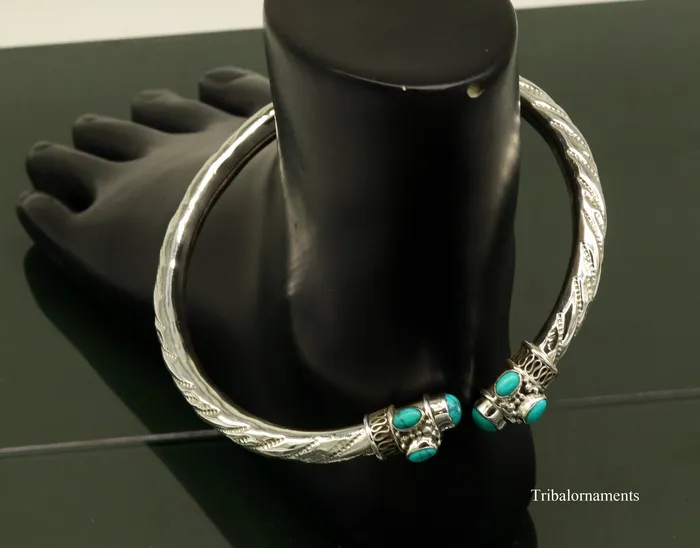 TRIBAL ORNAMENTS Vintage antique style 925 sterling silver handmade foot kada anklet Bracelet Blue turquoise stone belly dance tribal jewelry nsfk13 Bracelets