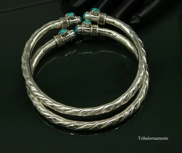 TRIBAL ORNAMENTS Vintage antique style 925 sterling silver handmade foot kada anklet Bracelet Blue turquoise stone belly dance tribal jewelry nsfk13 Bracelets