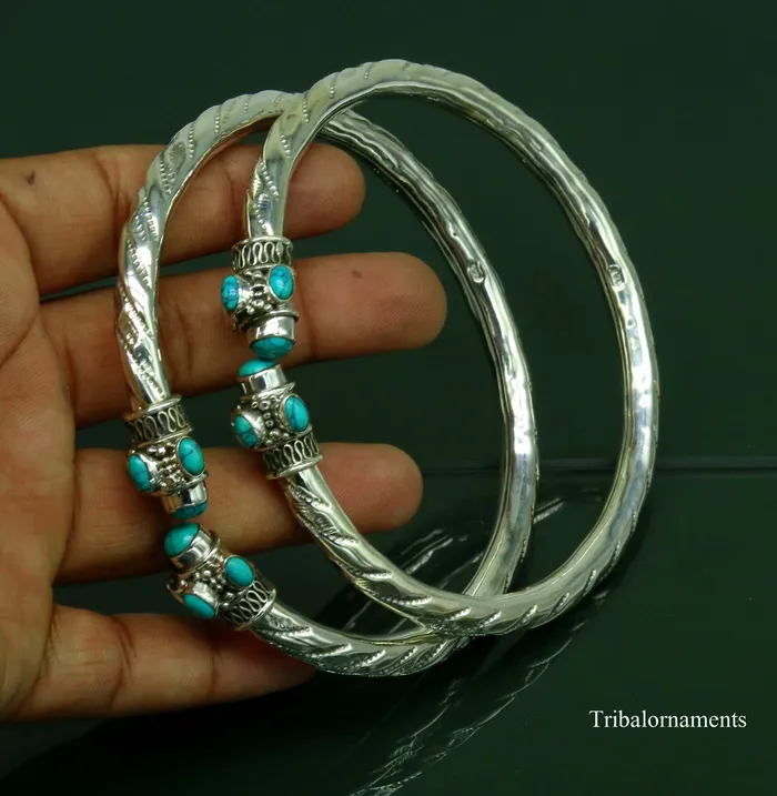 TRIBAL ORNAMENTS Vintage antique style 925 sterling silver handmade foot kada anklet Bracelet Blue turquoise stone belly dance tribal jewelry nsfk13 Bracelets
