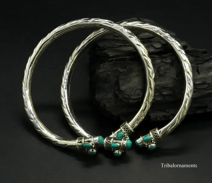 TRIBAL ORNAMENTS Vintage antique style 925 sterling silver handmade foot kada anklet Bracelet Blue turquoise stone belly dance tribal jewelry nsfk13 Bracelets