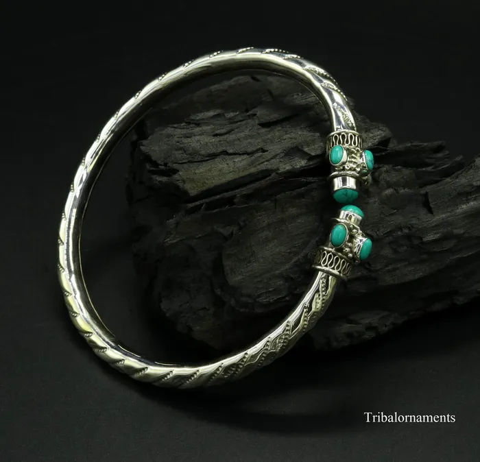 TRIBAL ORNAMENTS Vintage antique style 925 sterling silver handmade foot kada anklet Bracelet Blue turquoise stone belly dance tribal jewelry nsfk13 Bracelets