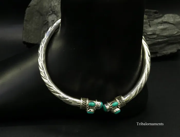 TRIBAL ORNAMENTS Vintage antique style 925 sterling silver handmade foot kada anklet Bracelet Blue turquoise stone belly dance tribal jewelry nsfk13 Bracelets