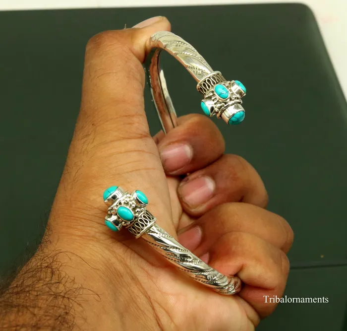 TRIBAL ORNAMENTS Vintage antique style 925 sterling silver handmade foot kada anklet Bracelet Blue turquoise stone belly dance tribal jewelry nsfk13 Bracelets
