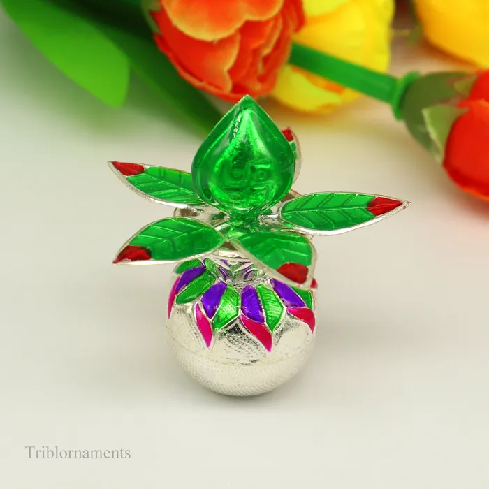 TRIBAL ORNAMENTS Vintage design Solid sterling silver handmade puja kalash silver coconuts and leaf excellent home temple article worshipping articles su460 Rings