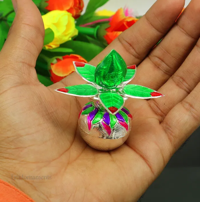TRIBAL ORNAMENTS Vintage design Solid sterling silver handmade puja kalash silver coconuts and leaf excellent home temple article worshipping articles su460 Rings