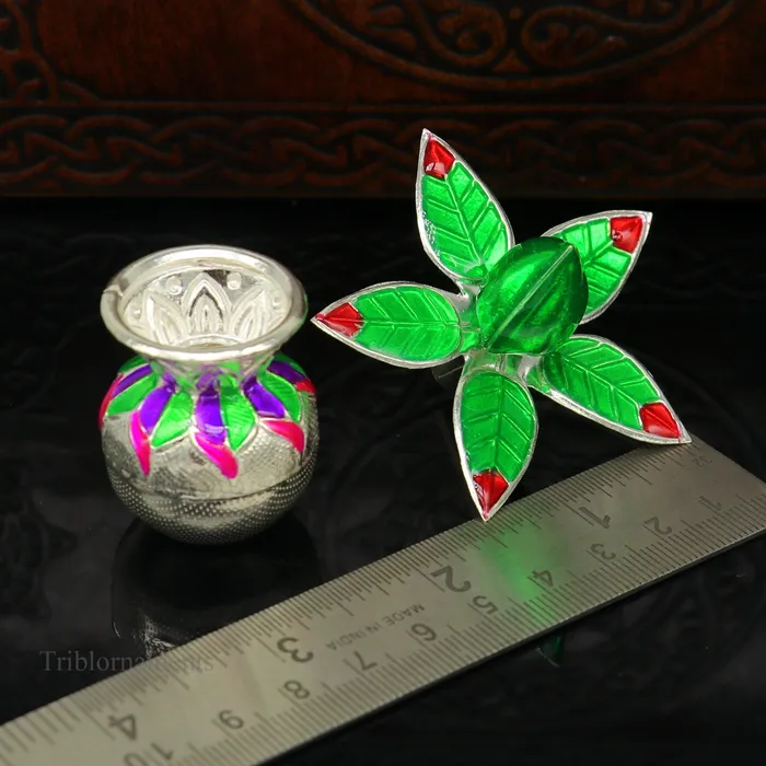 TRIBAL ORNAMENTS Vintage design Solid sterling silver handmade puja kalash silver coconuts and leaf excellent home temple article worshipping articles su460 Rings