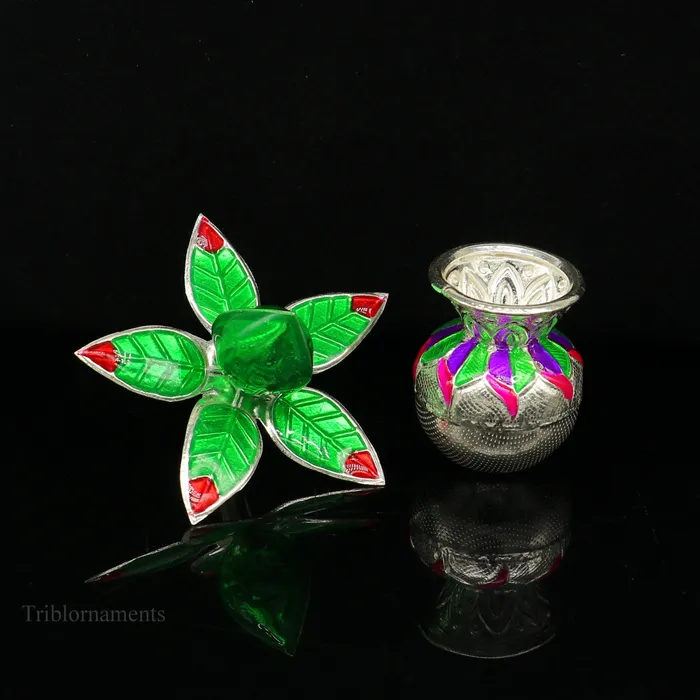 TRIBAL ORNAMENTS Vintage design Solid sterling silver handmade puja kalash silver coconuts and leaf excellent home temple article worshipping articles su460 Rings