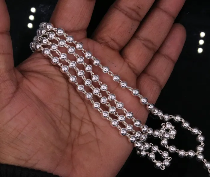 Vintage antique design handmade solid silver 108 beads ball jaap mala chain necklace for japping mantra for god mediation ch22 TRIBAL ORNAMENTS Necklaces