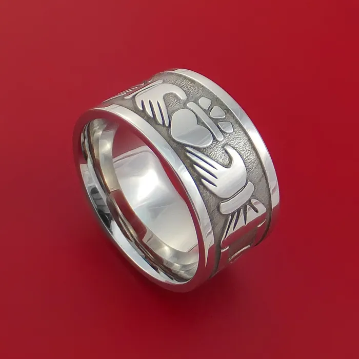 Wide Cobalt Chrome Ring with Claddagh Milled Celtic Design Inlay Custom Made Band Lashbrook Rings Wide Cobalt Chrome Ring with Claddagh Milled Celtic Design Inlay Custom Made Band Lashbrook Rings