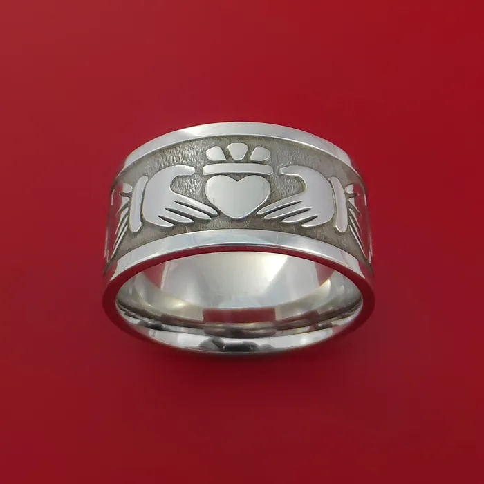 Wide Cobalt Chrome Ring with Claddagh Milled Celtic Design Inlay Custom Made Band Lashbrook Rings Wide Cobalt Chrome Ring with Claddagh Milled Celtic Design Inlay Custom Made Band Lashbrook Rings
