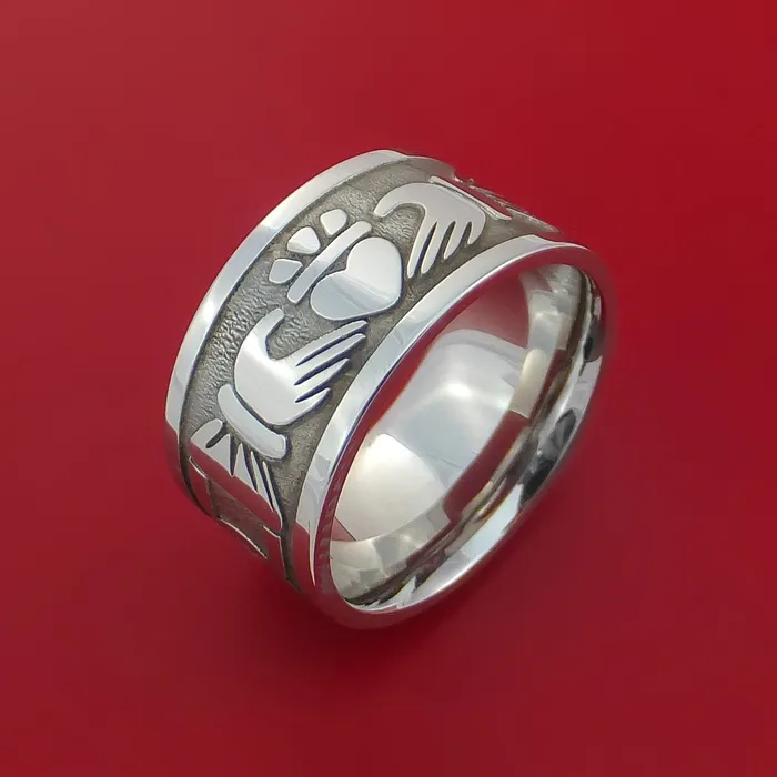 Wide Cobalt Chrome Ring with Claddagh Milled Celtic Design Inlay Custom Made Band Lashbrook Rings Wide Cobalt Chrome Ring with Claddagh Milled Celtic Design Inlay Custom Made Band Lashbrook Rings