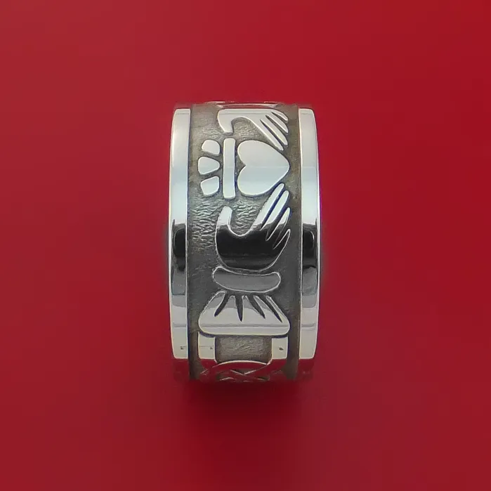Wide Cobalt Chrome Ring with Claddagh Milled Celtic Design Inlay Custom Made Band Lashbrook Rings Wide Cobalt Chrome Ring with Claddagh Milled Celtic Design Inlay Custom Made Band Lashbrook Rings